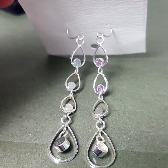 Elegant Silver Tone Blue Rhnistones Dangle Earrings - Picture 15 of 17